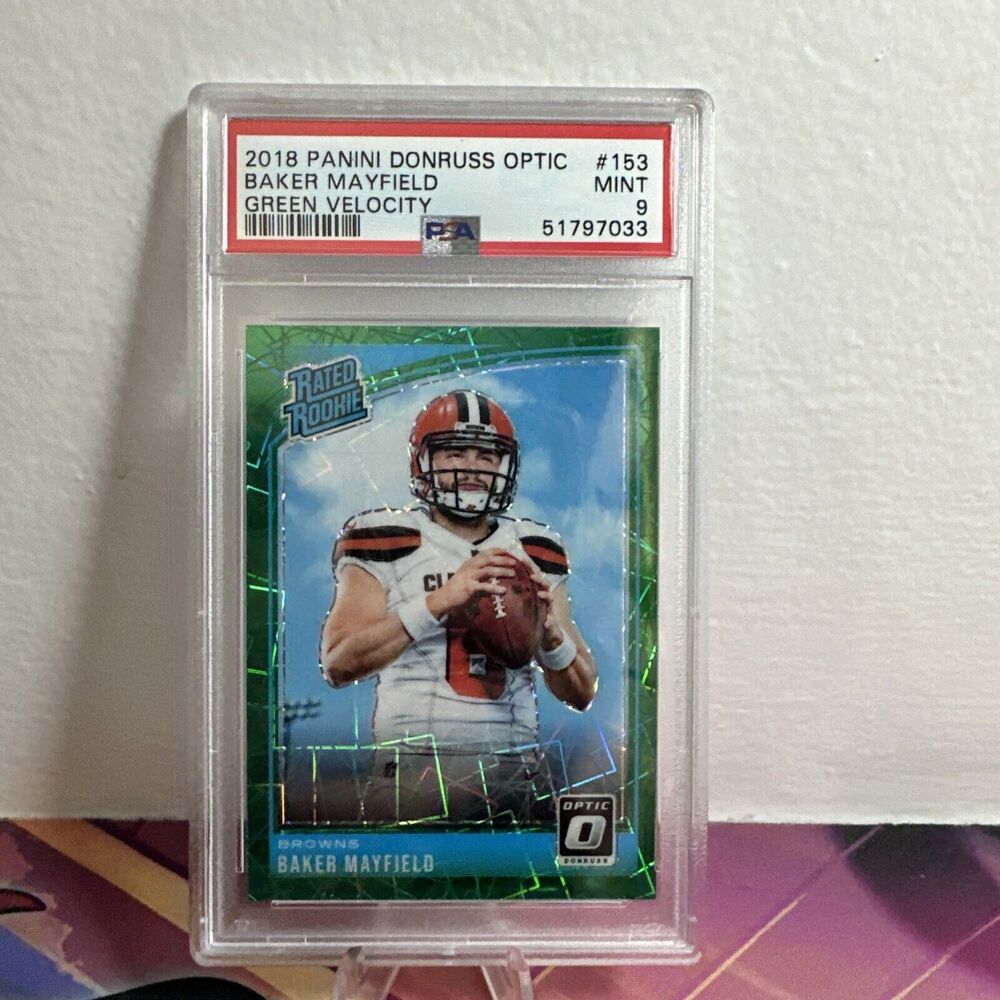 2018 Panini Donruss Optic Baker Mayfield Rated Rookie Green Velocity Prizm PSA 9